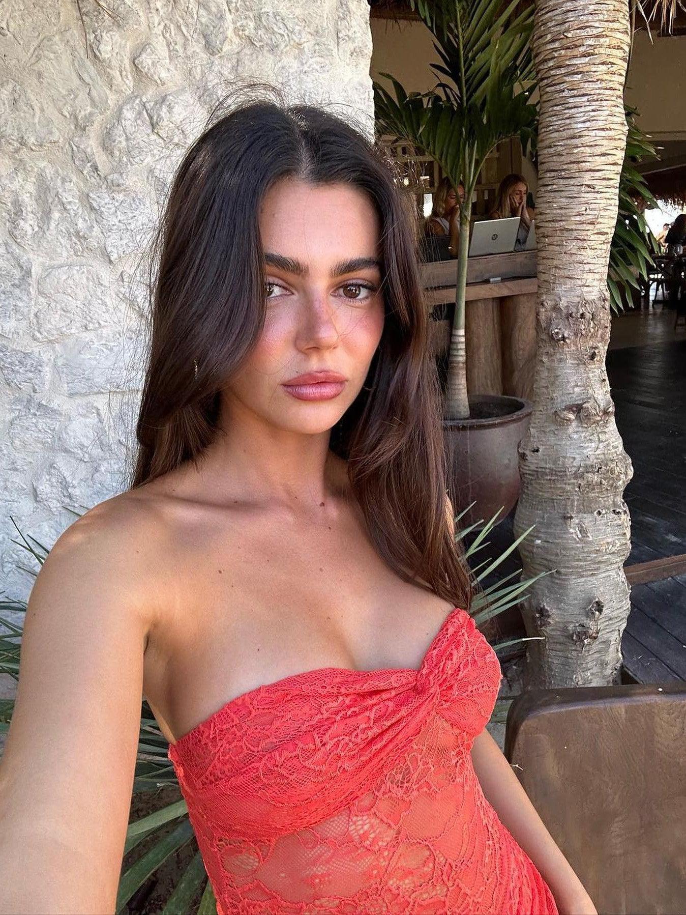 Orange Bandeau Lace See Through Sheath Dress