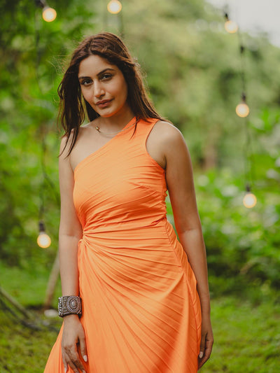 One Shoulder Sun Pleated Satin Dress - Orange