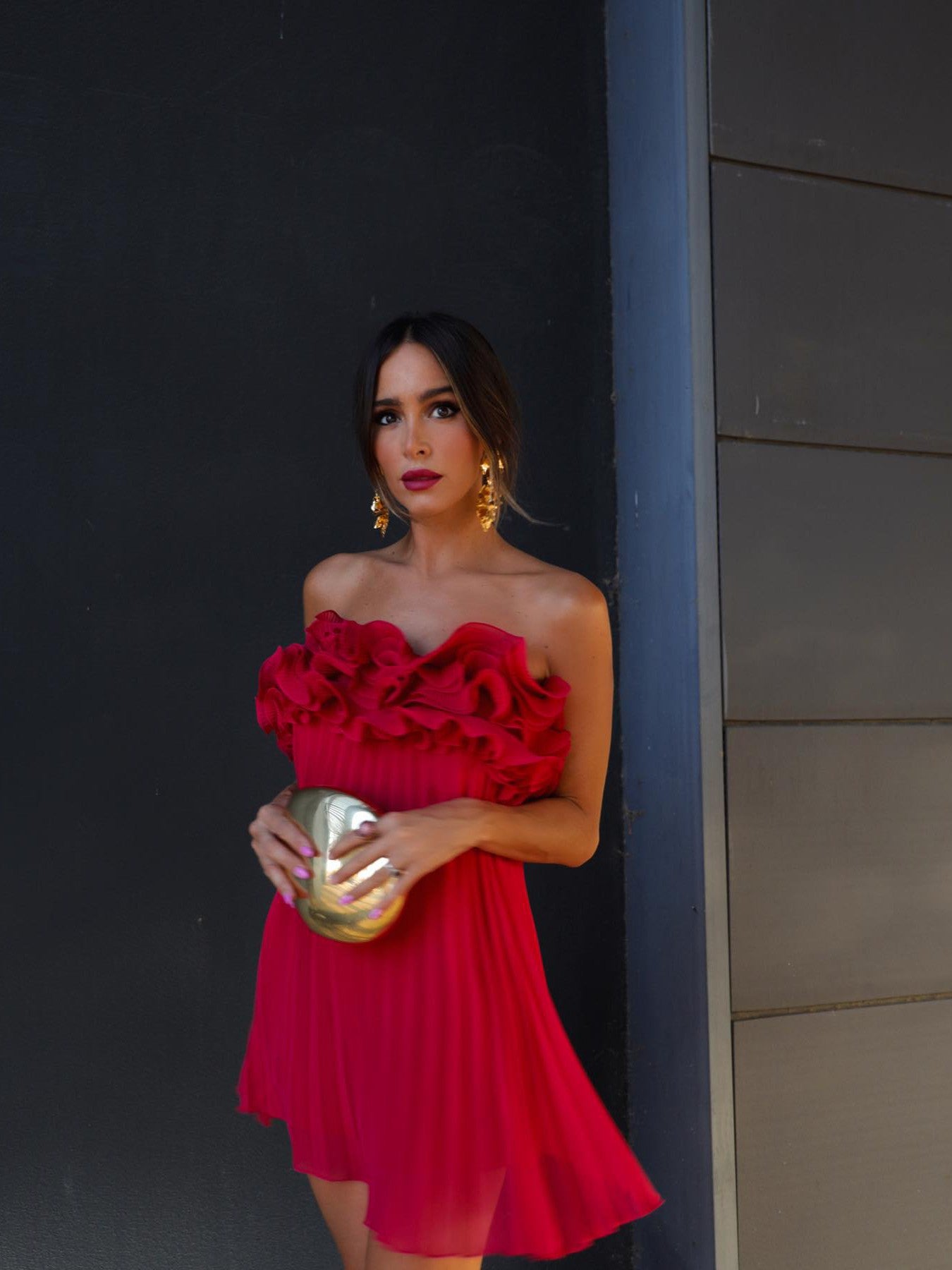 Pleated Short Red Tube Applique Dress