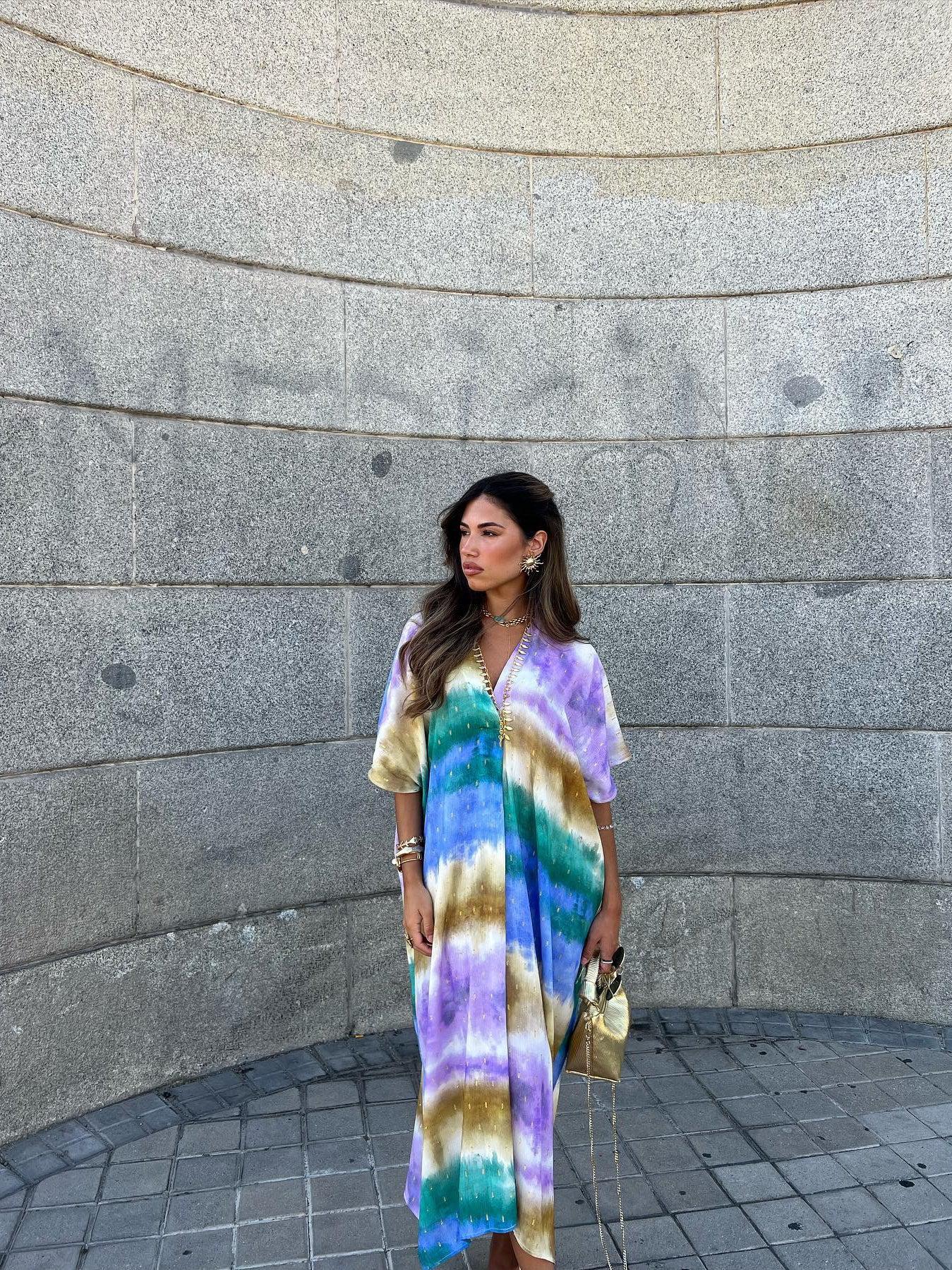 Tie Dye Print Kaftan Batwing Sleeves Dress