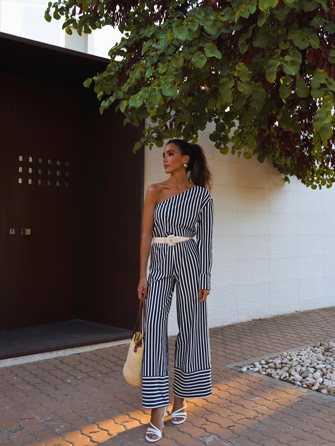 Black & White Striped One Shoulder Top & Pants Coord Set