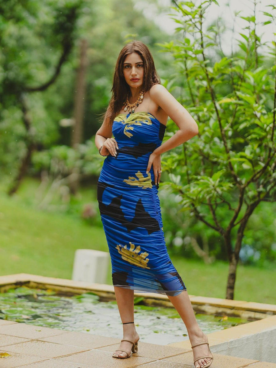 Floral Print Tube Strapless Mesh Tulle Dress