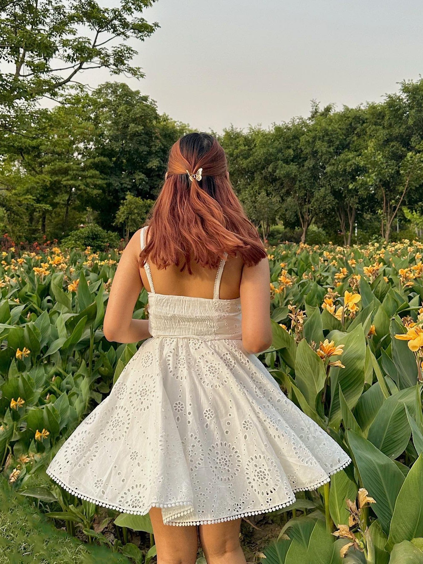 White Crochet High Waist A Line Dress