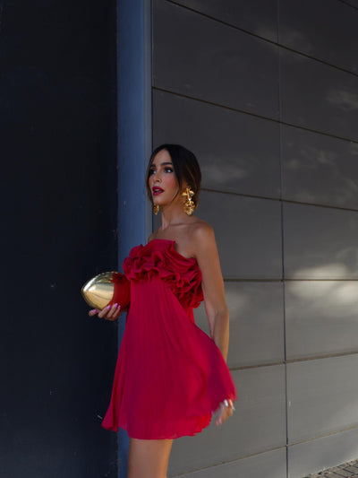 Pleated Short Red Tube Applique Dress