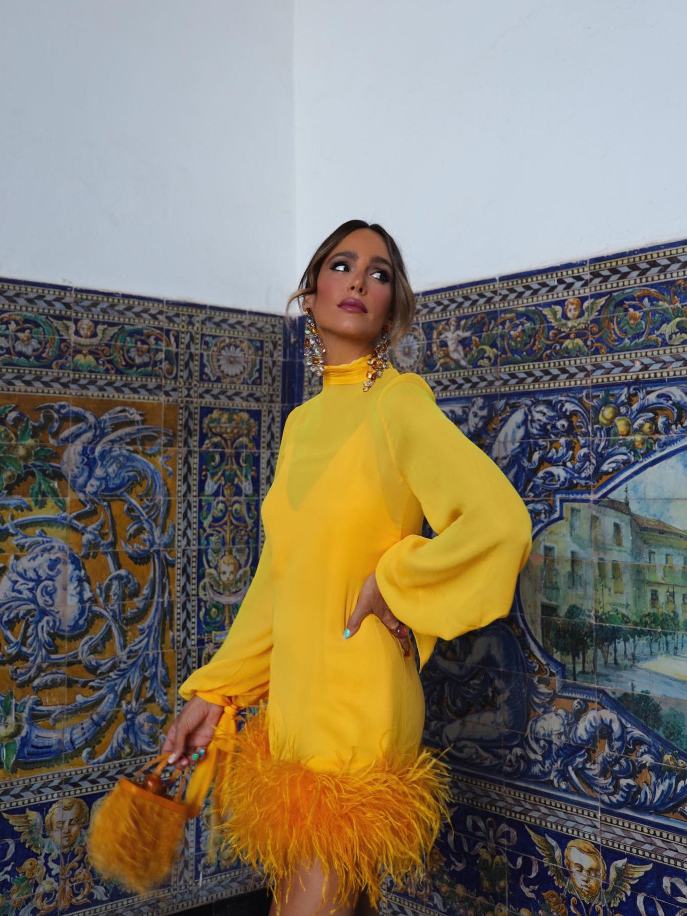 Fall Translucent Feather Dress Orange