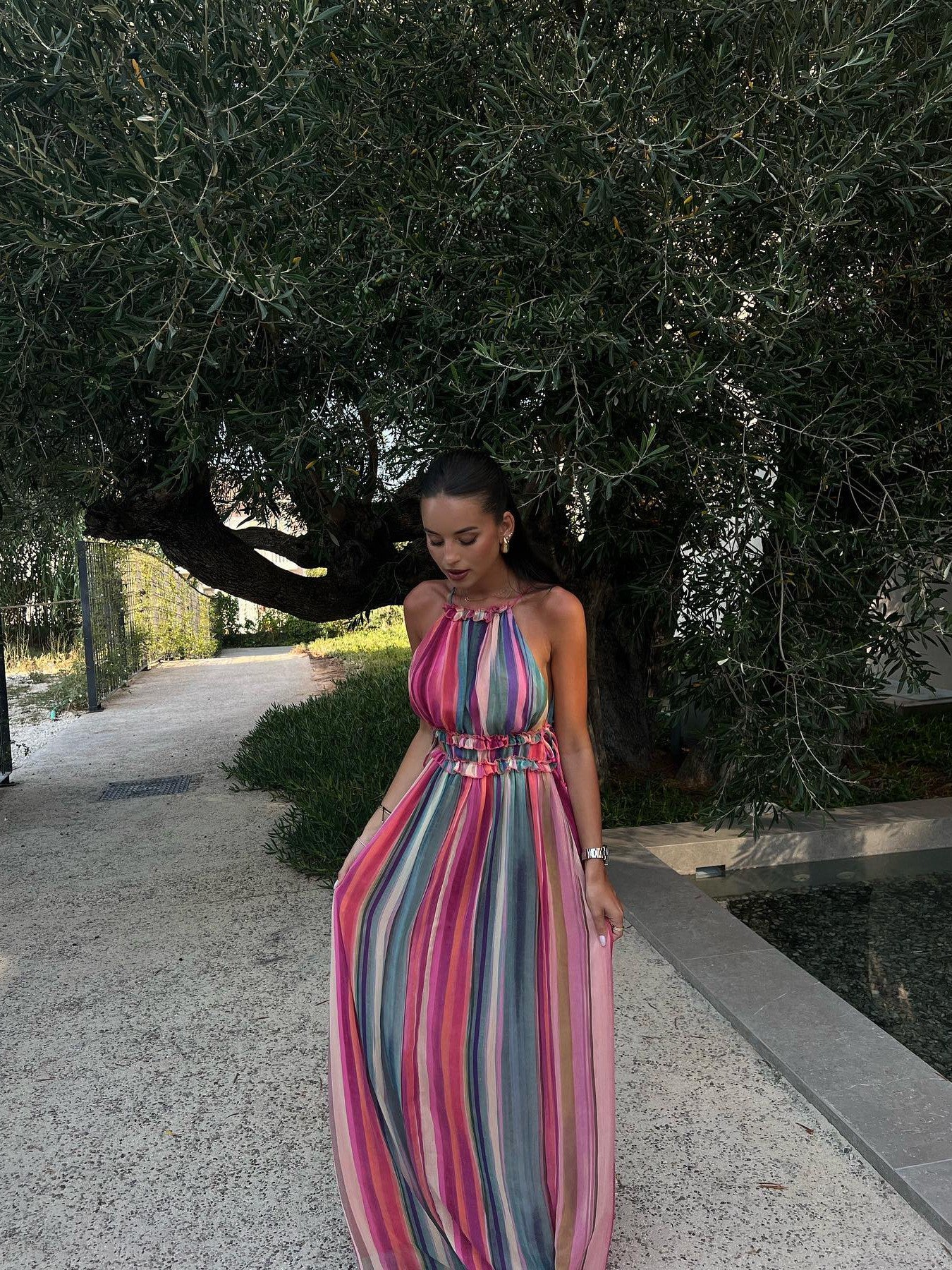 Tie Dye Print Halter Neck Maxi Dress