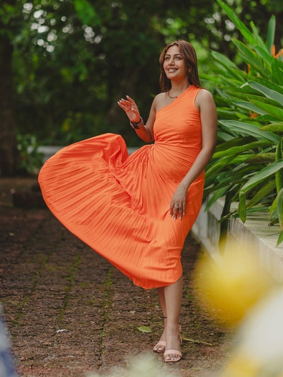 One Shoulder Sun Pleated Satin Dress - Orange
