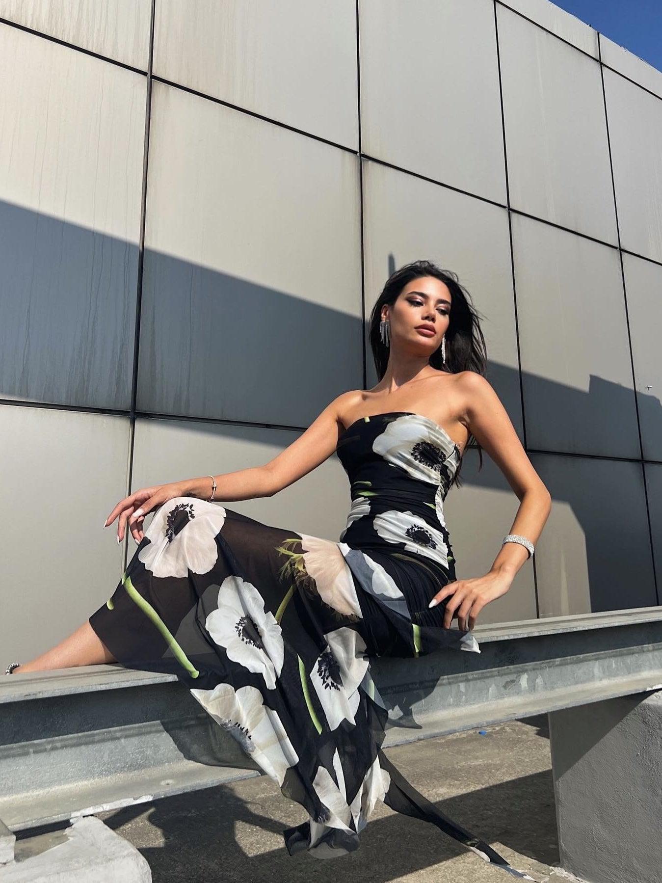 Tie Dye / Floral Print Tube Frill Dress