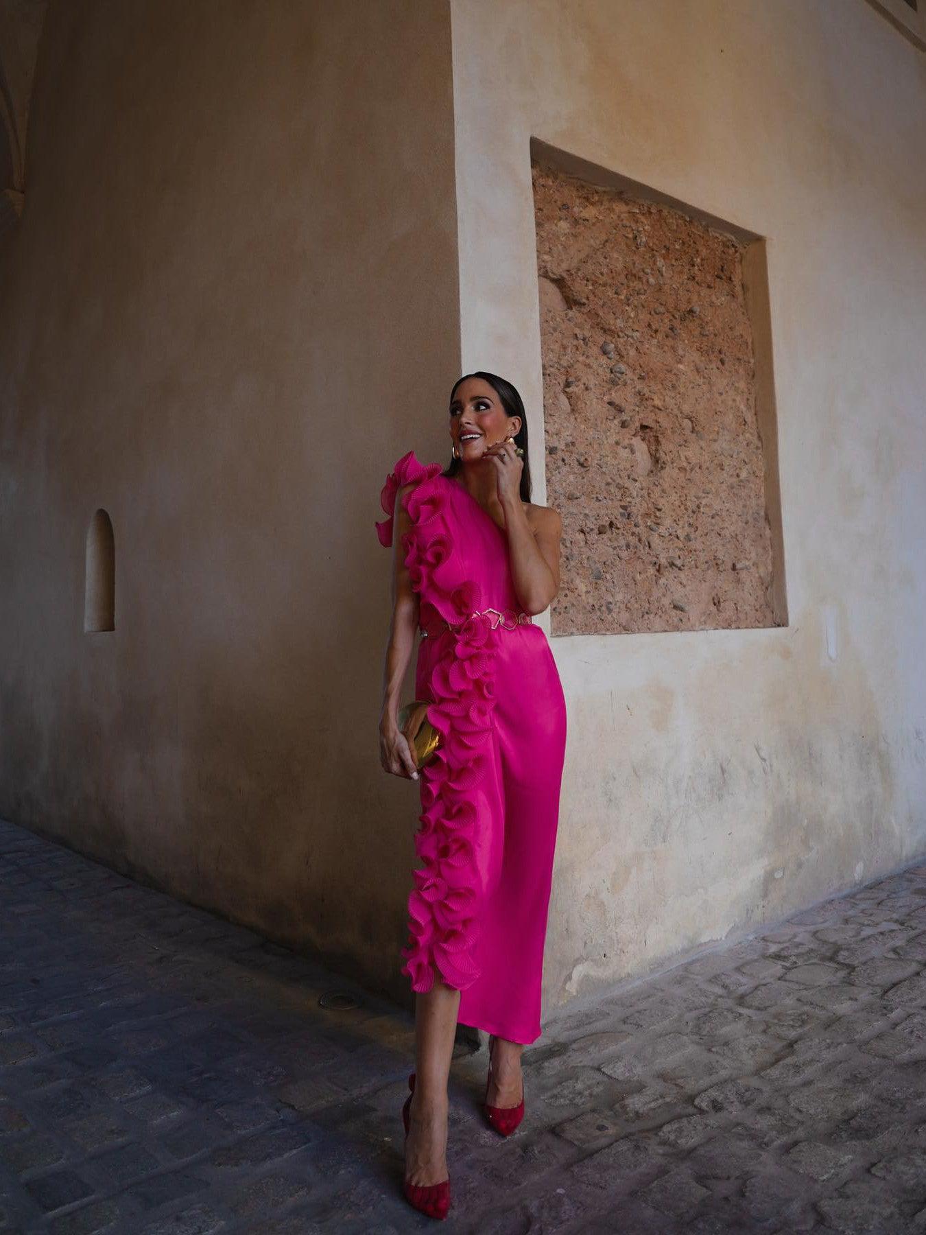 One Shoulder Ruffles Pink Dress