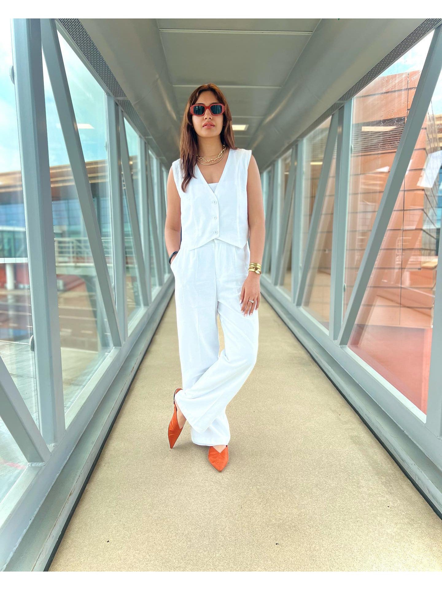 White Vest Waist Coat & Wide Leg Pants Coord Set