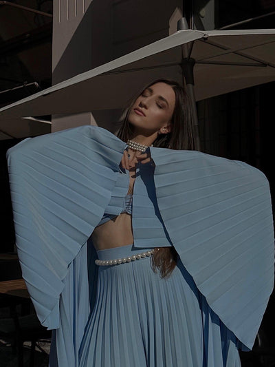 Pearl Koticim Bralette with Cape & Pants 3 Piece Set-Blue