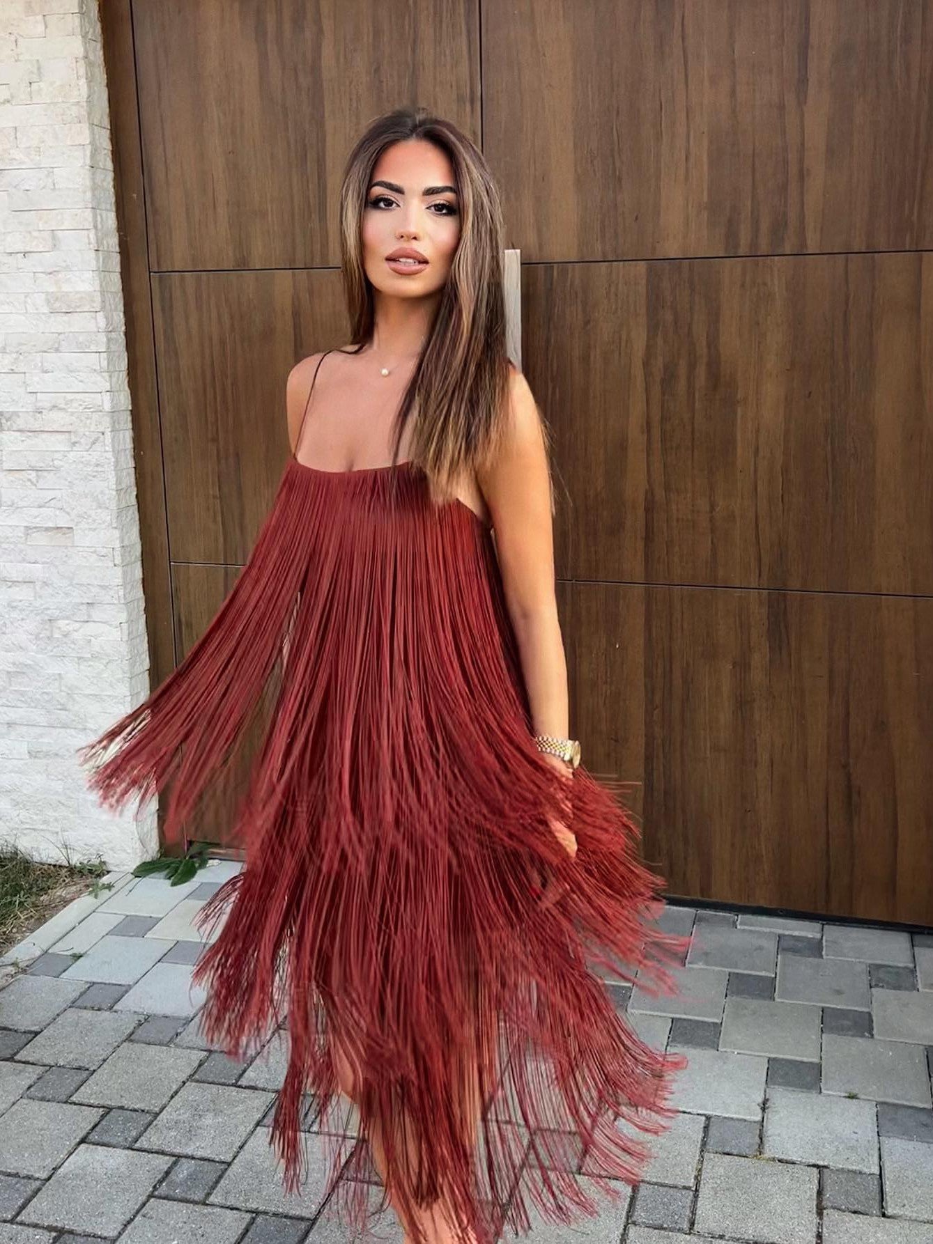 Fringe Tassel Vintage Brown Dress