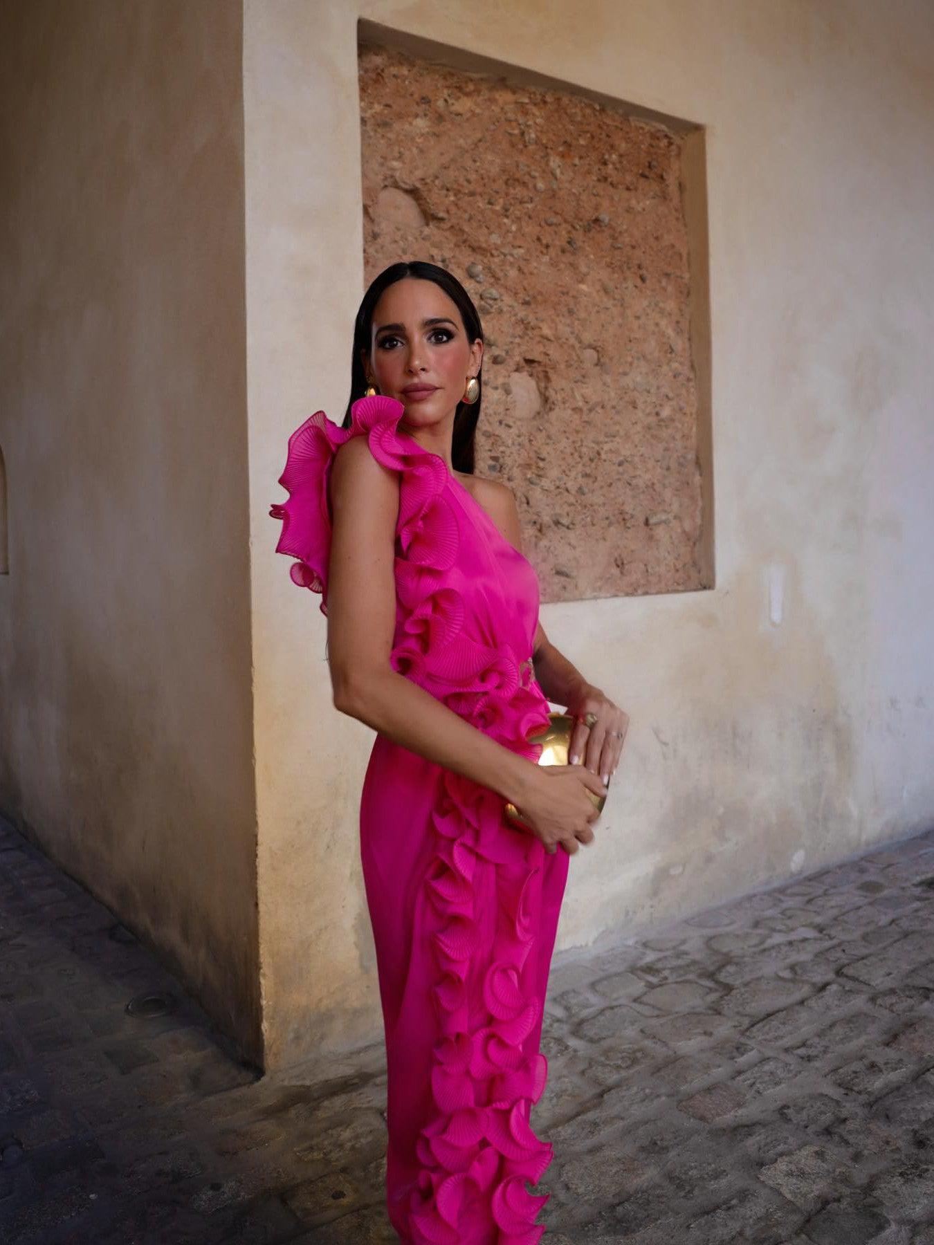 One Shoulder Ruffles Pink Dress