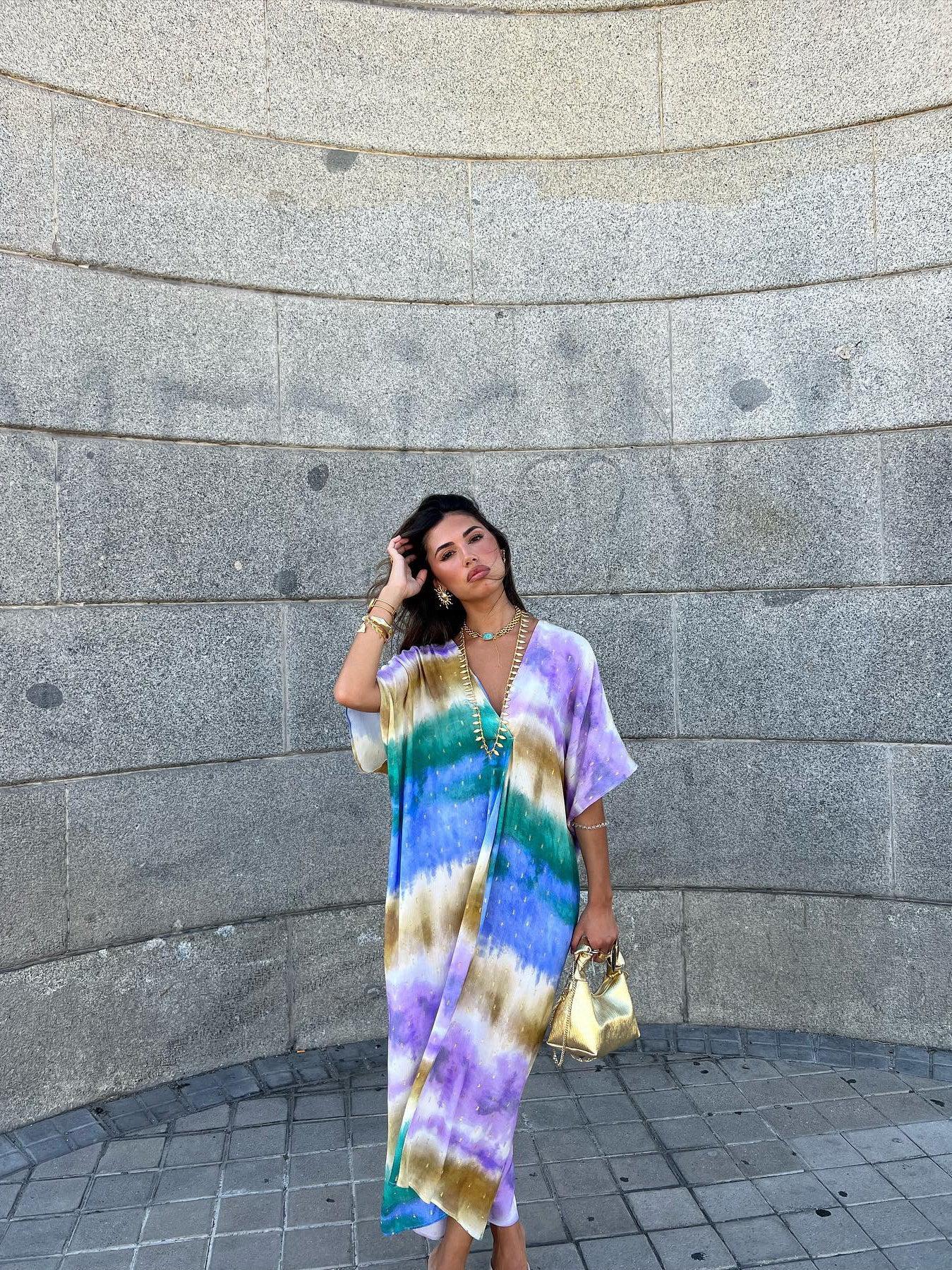 Tie Dye Print Kaftan Batwing Sleeves Dress