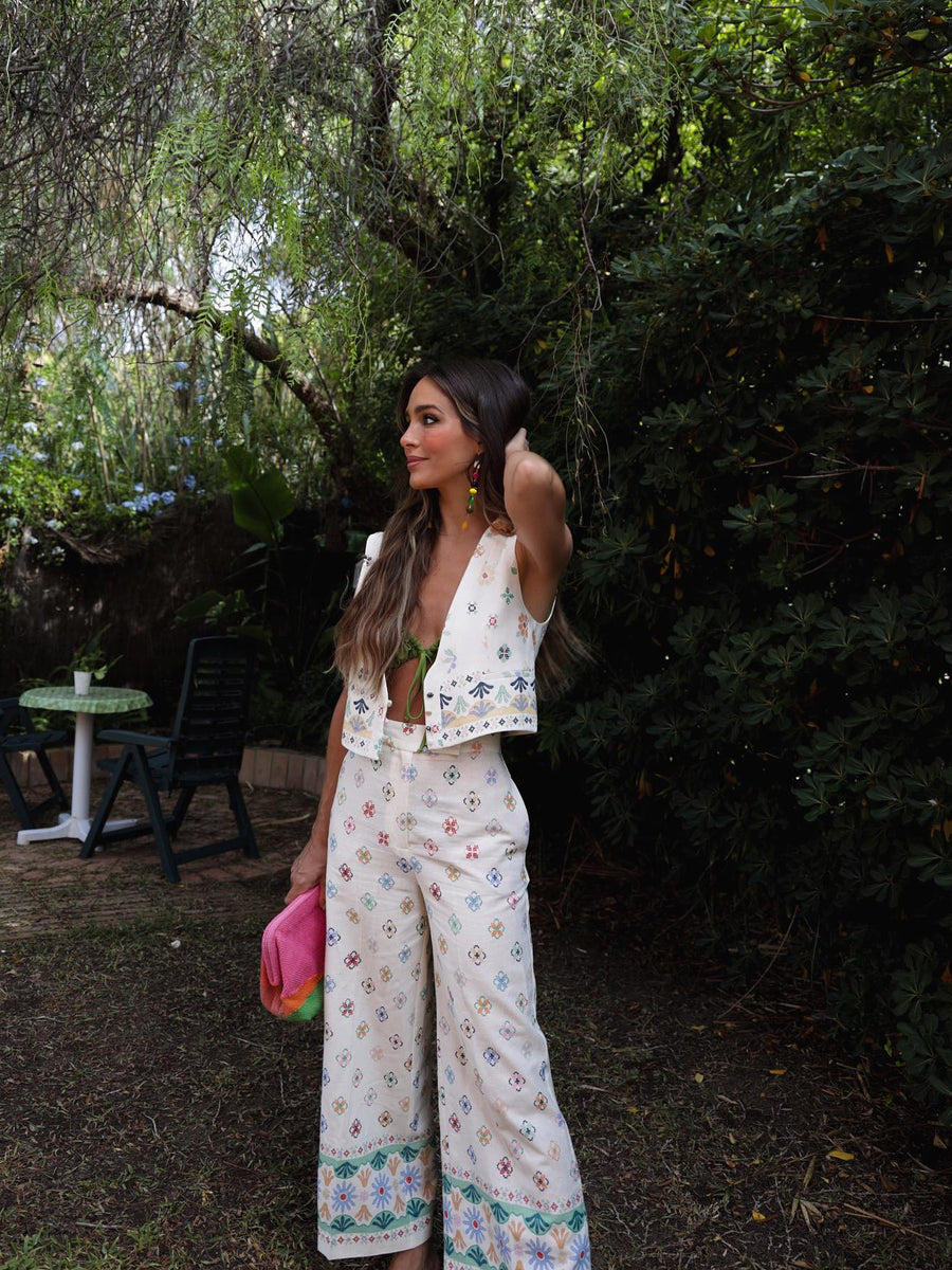 Printed Linen Blend Vest Waist Coat Top & Pants Coord Set