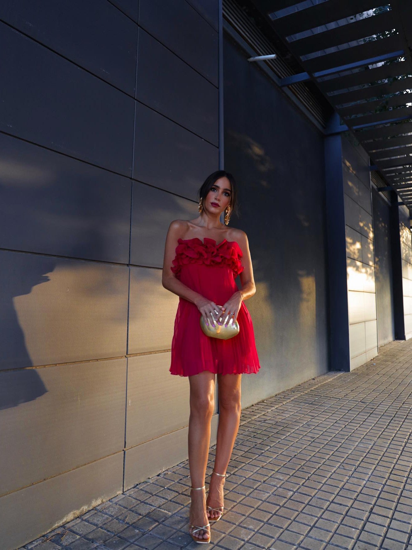 Pleated Short Red Tube Applique Dress