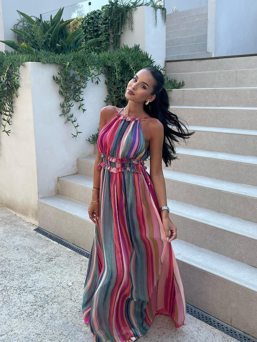 Tie Dye Print Halter Neck Maxi Dress