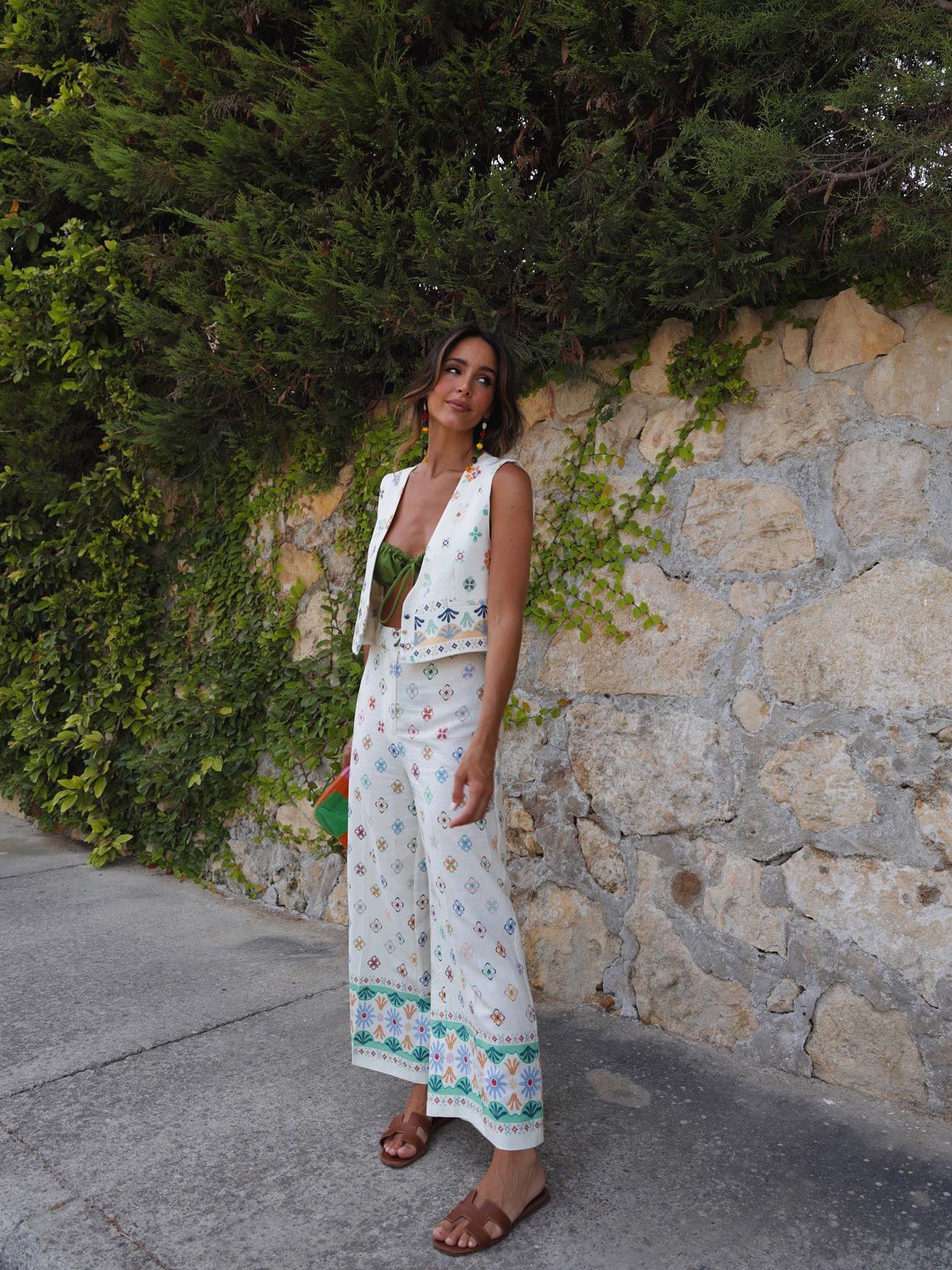 Printed Linen Blend Vest Waist Coat Top & Pants Coord Set