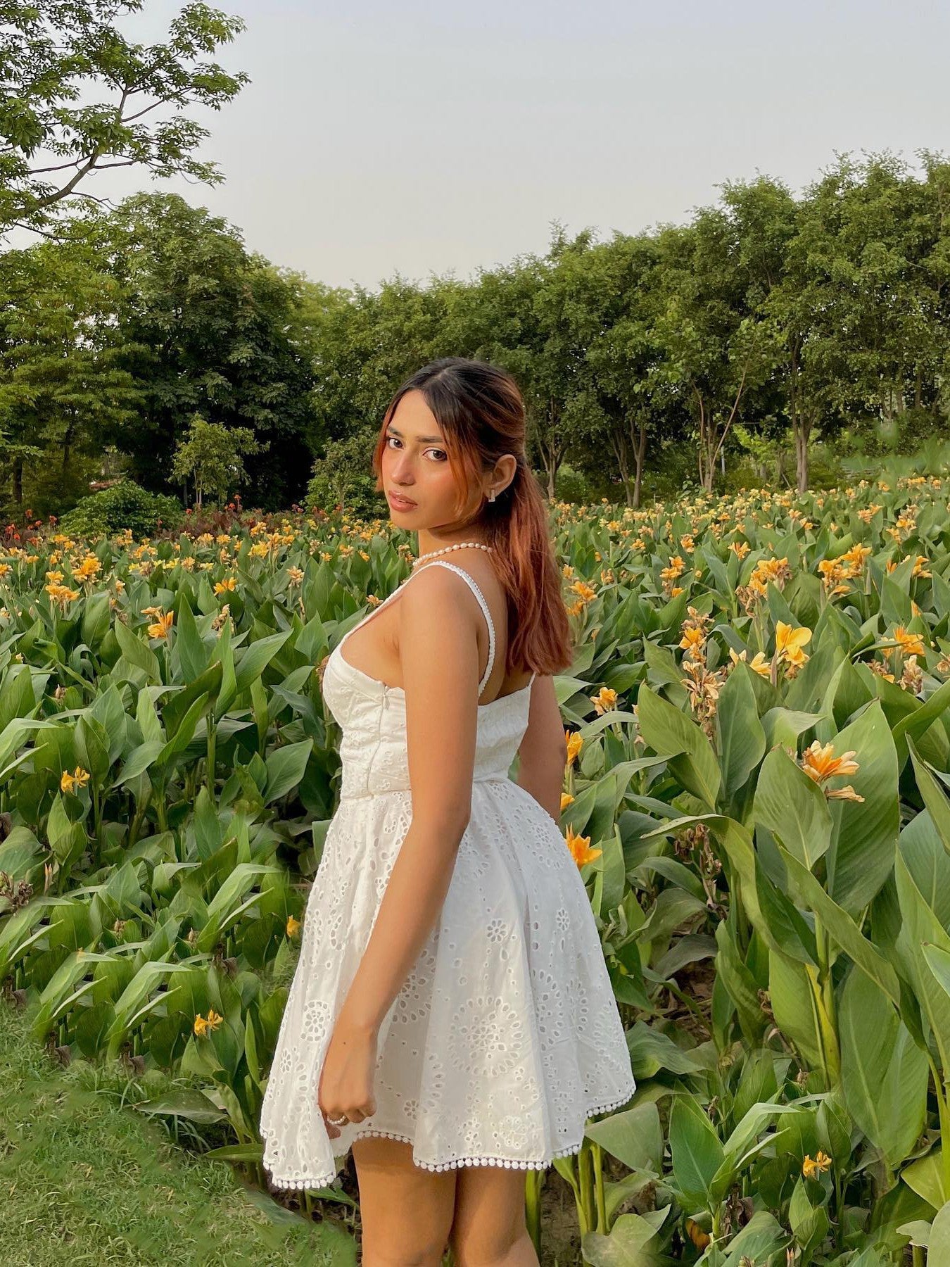 White Crochet High Waist A Line Dress
