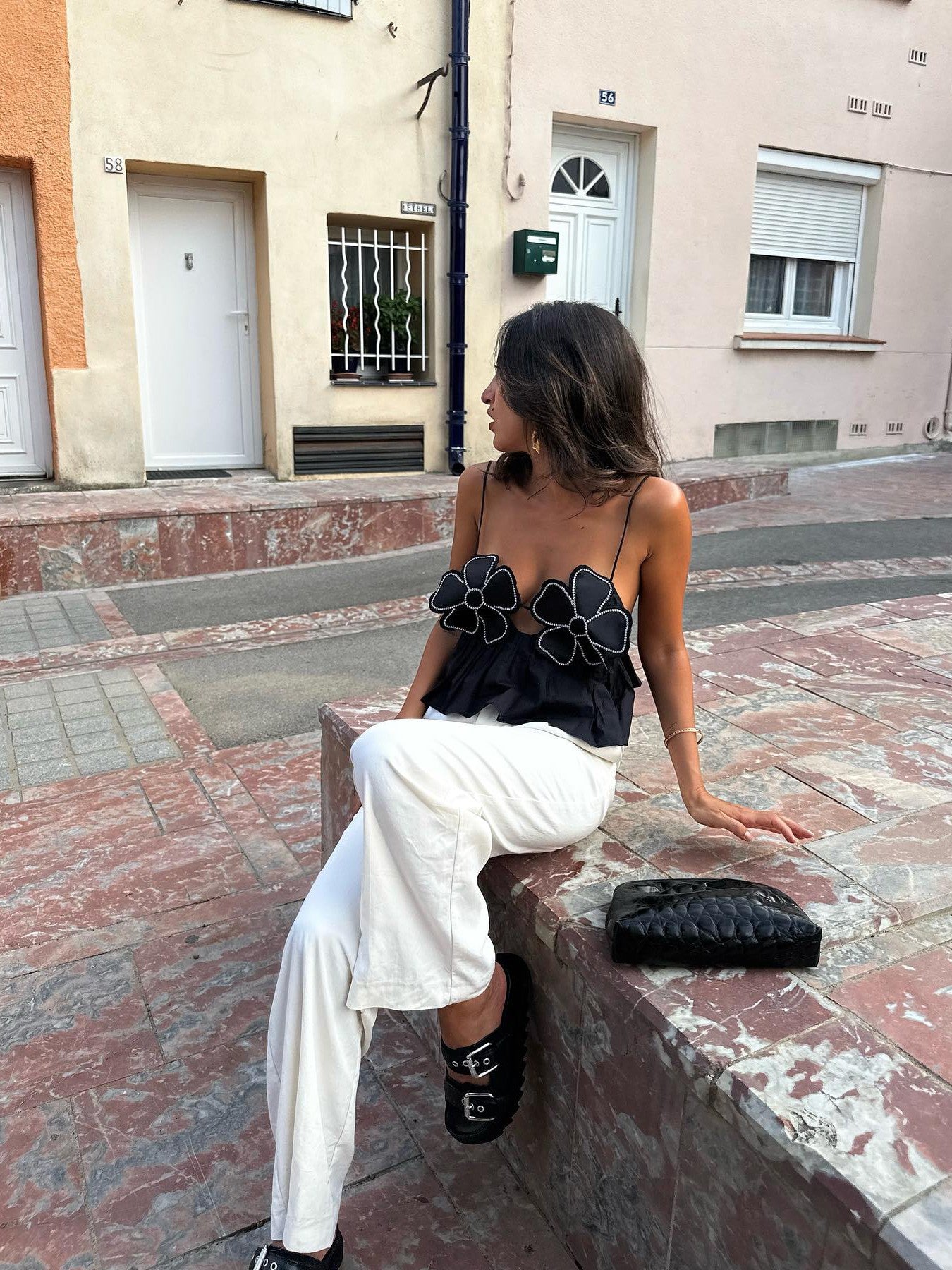 Applique Rhinestone Flowers Top