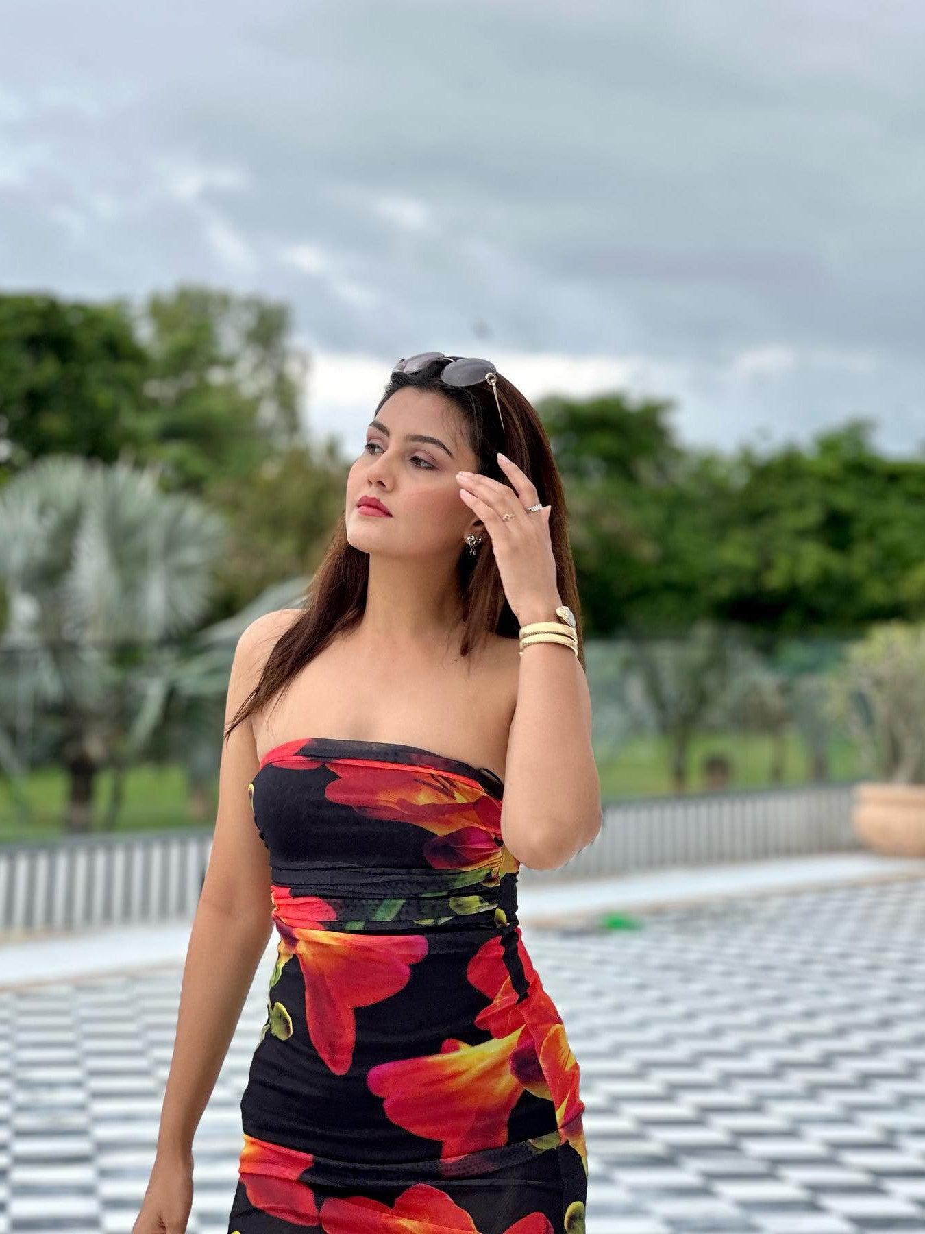 Black Floral Tie Dye Tulle Tube Dress