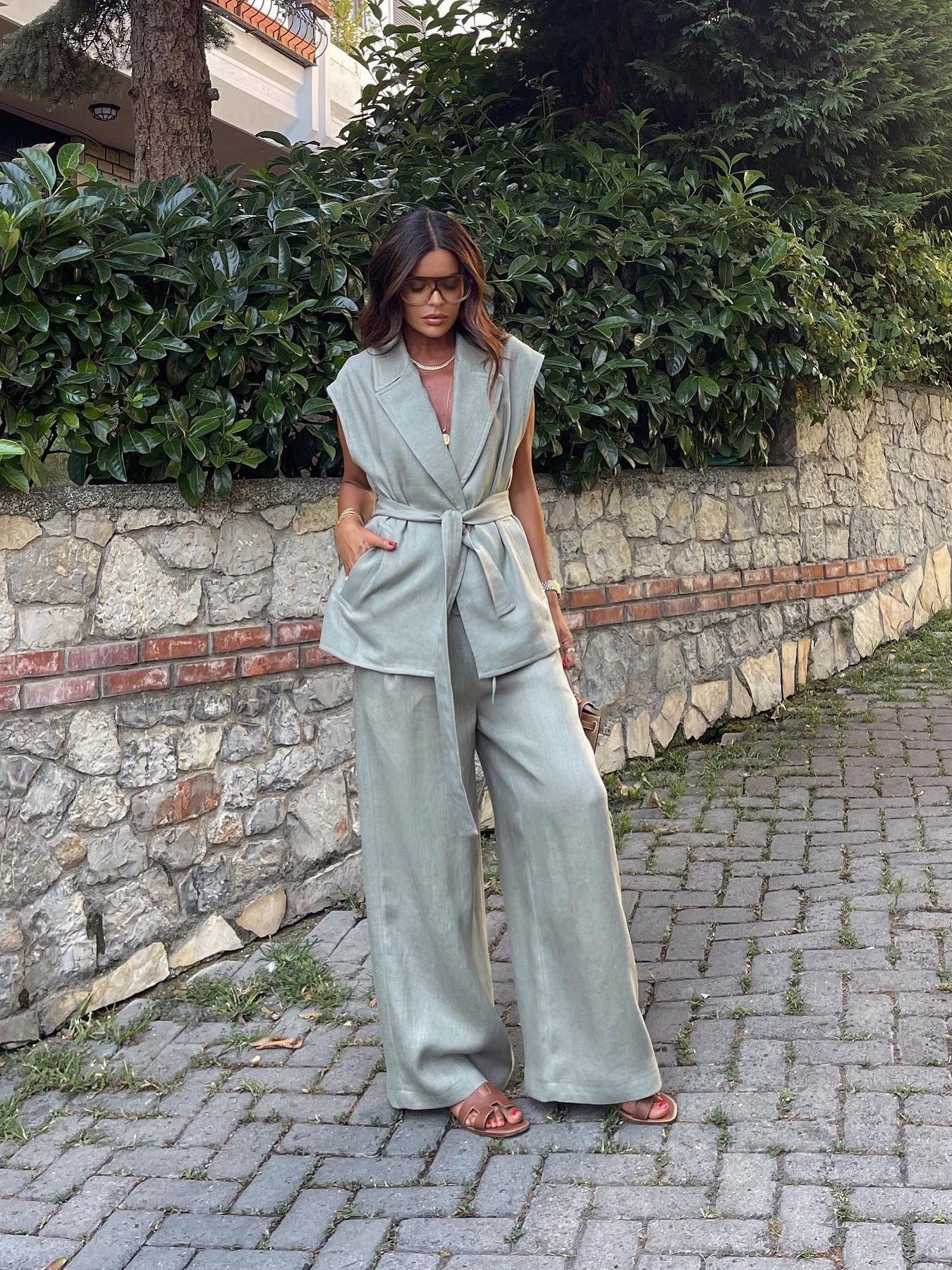 Mint Green Waist Coat Vest & Pants Coord Set with Belt