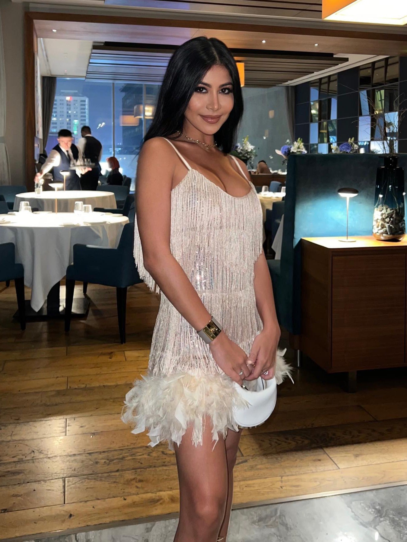 Golden Tassel Sequins Feather Fur Dress