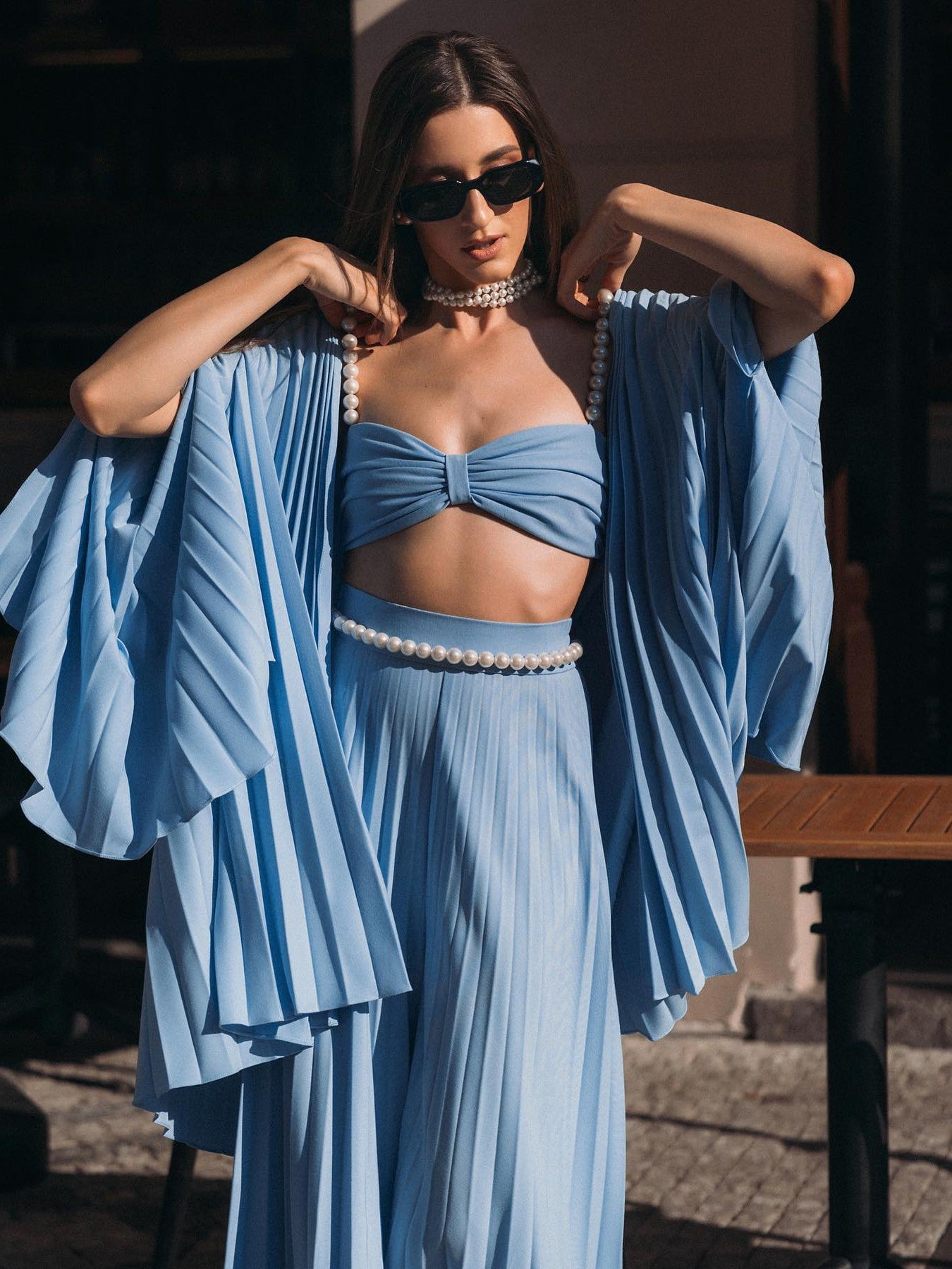 Pearl Koticim Bralette with Cape & Pants 3 Piece Set-Blue