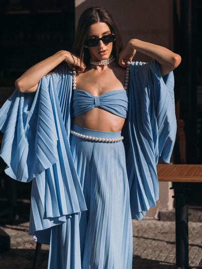 Pearl Koticim Bralette with Cape & Pants 3 Piece Set-Blue