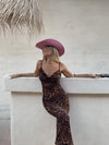 Leopard Print Cowl Neck Spaghetti Strap Maxi Dress