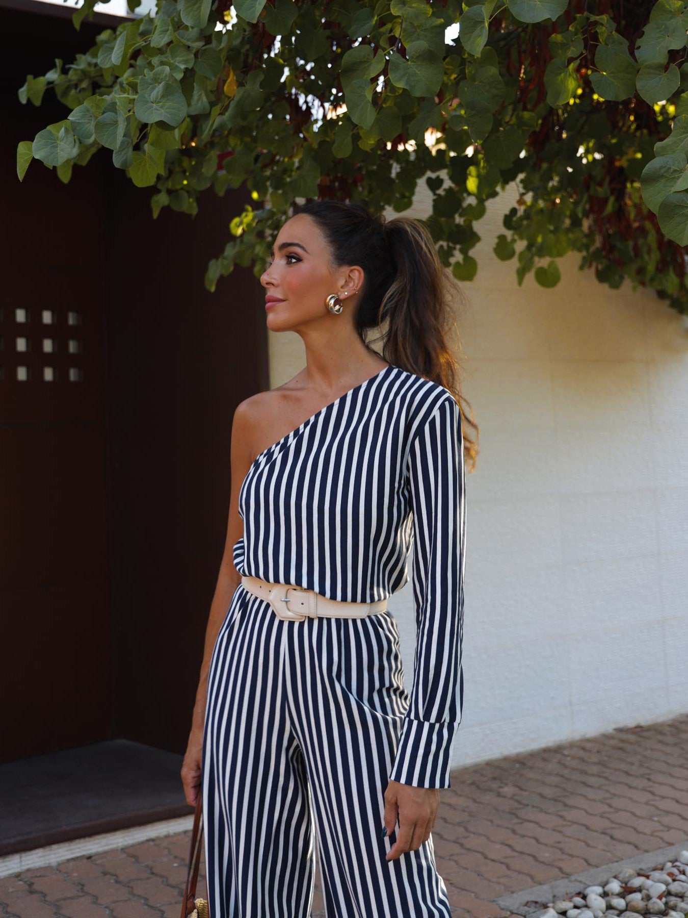 Black & White Striped One Shoulder Top & Pants Coord Set