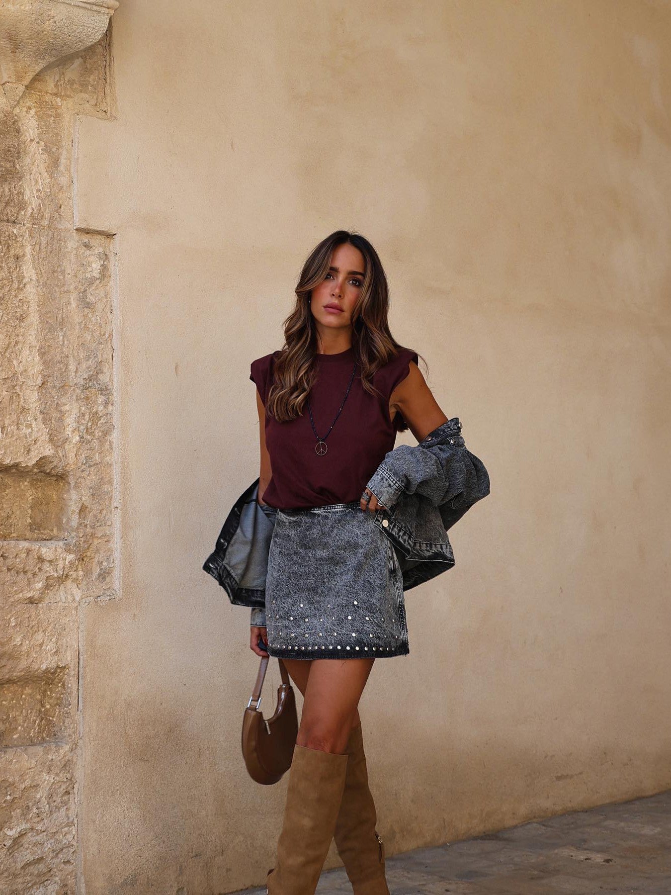 Black Denim Studded Jacket & Skirt Coord Set