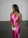 Pink Halterneck Tassel Fringe Back Slit Maxi Dress-Exclusive