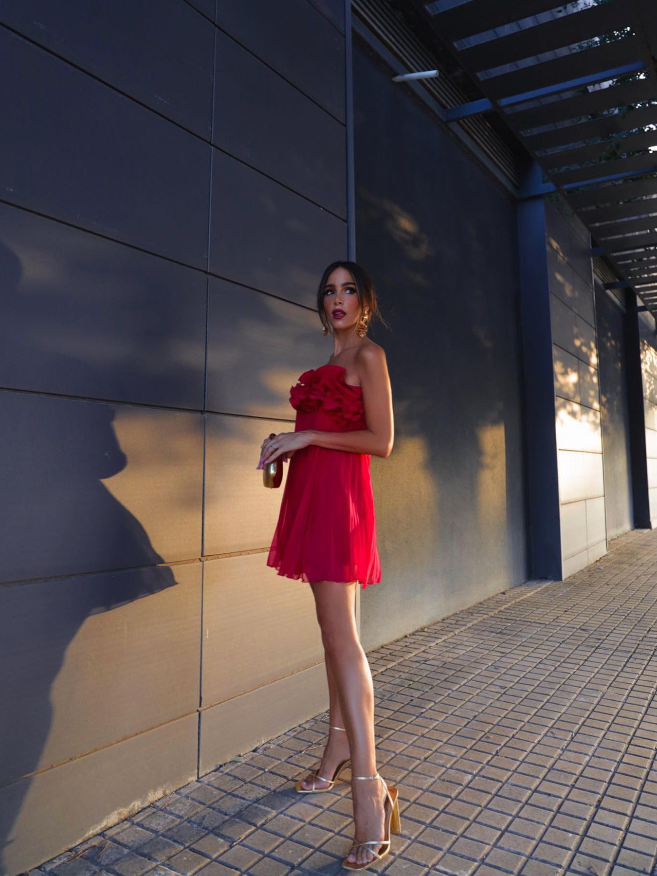 Pleated Short Red Tube Applique Dress