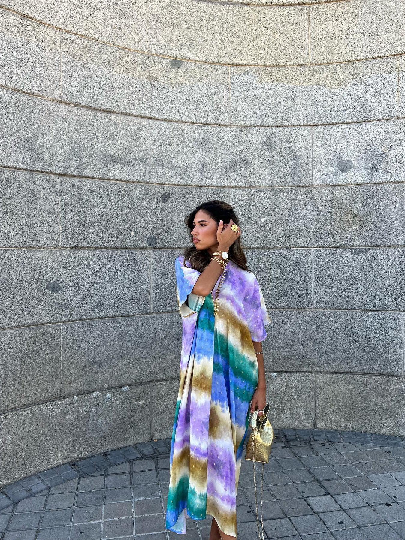 Tie Dye Print Kaftan Batwing Sleeves Dress