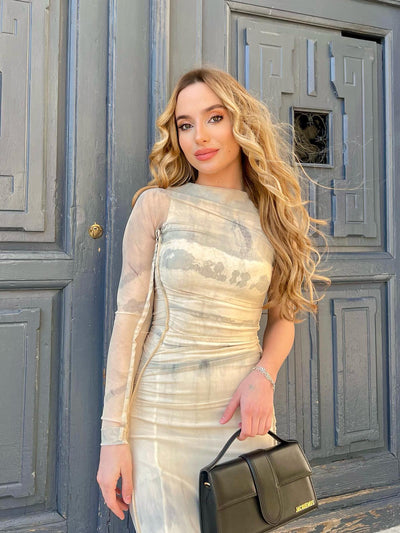 One Shoulder Ruched Mesh Tulle Dress