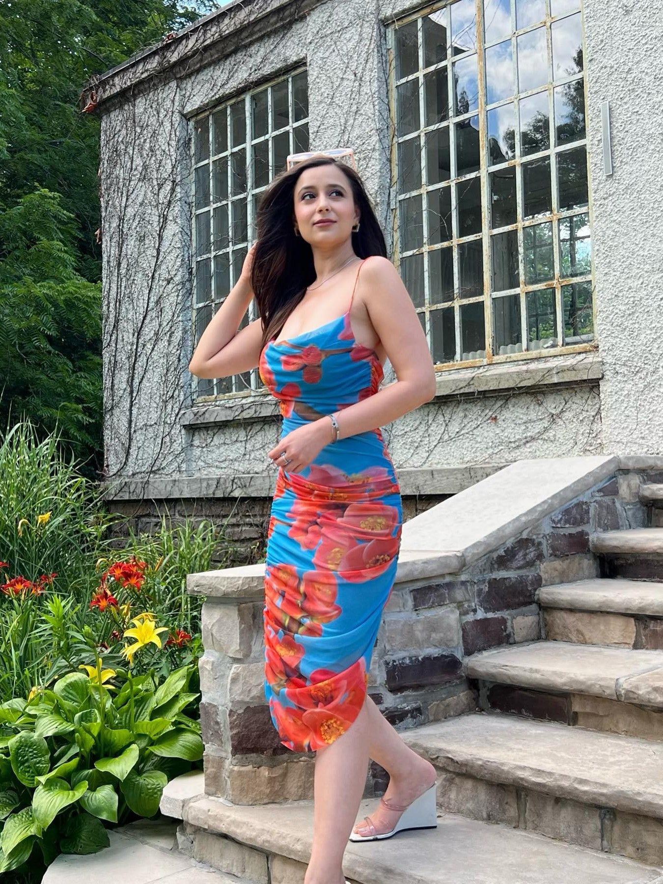 Asymmetric Floral Print Mesh Backless Dress