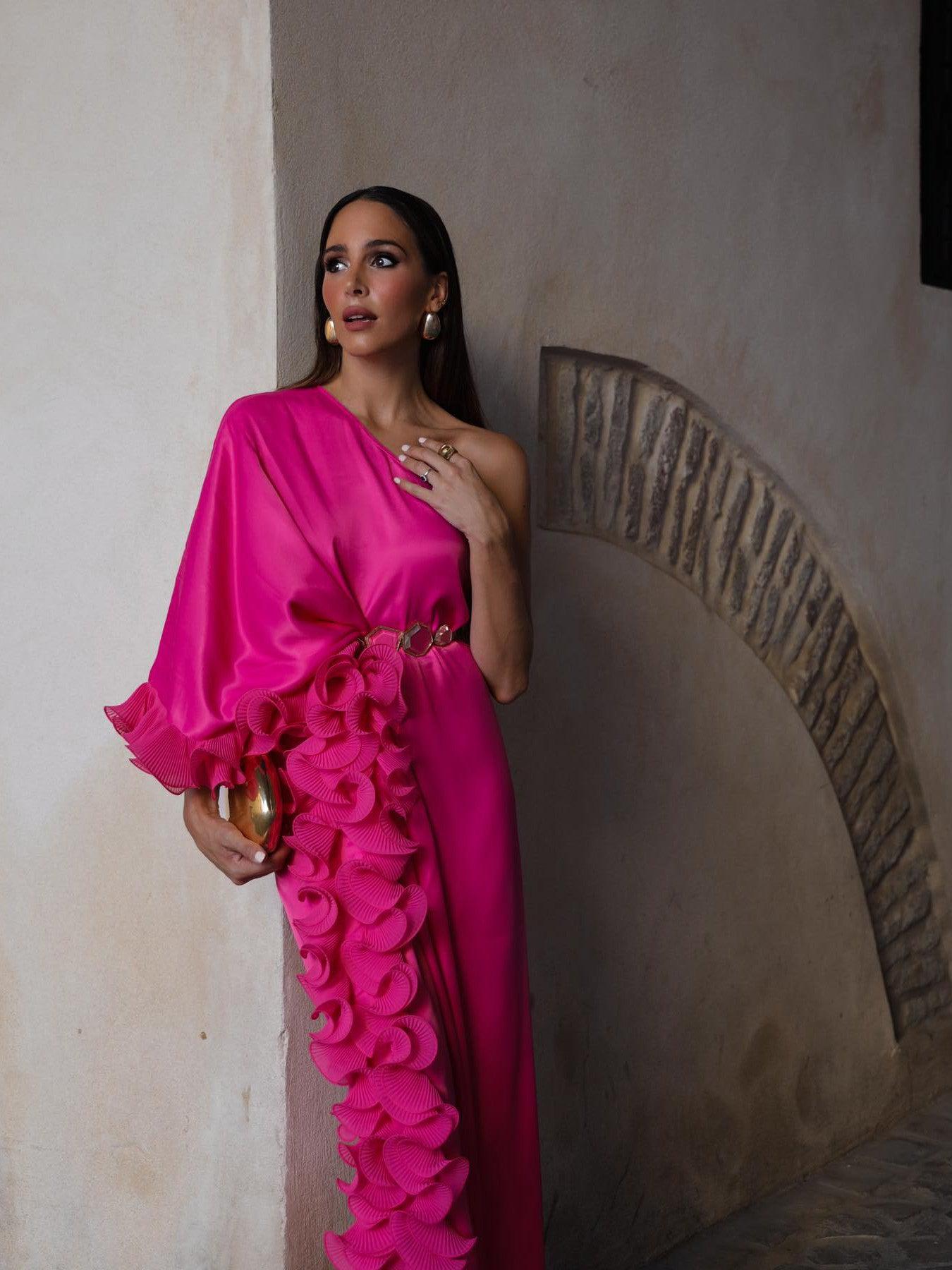 One Shoulder Ruffles Pink Dress