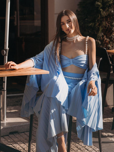 Pearl Koticim Bralette with Cape & Pants 3 Piece Set-Blue
