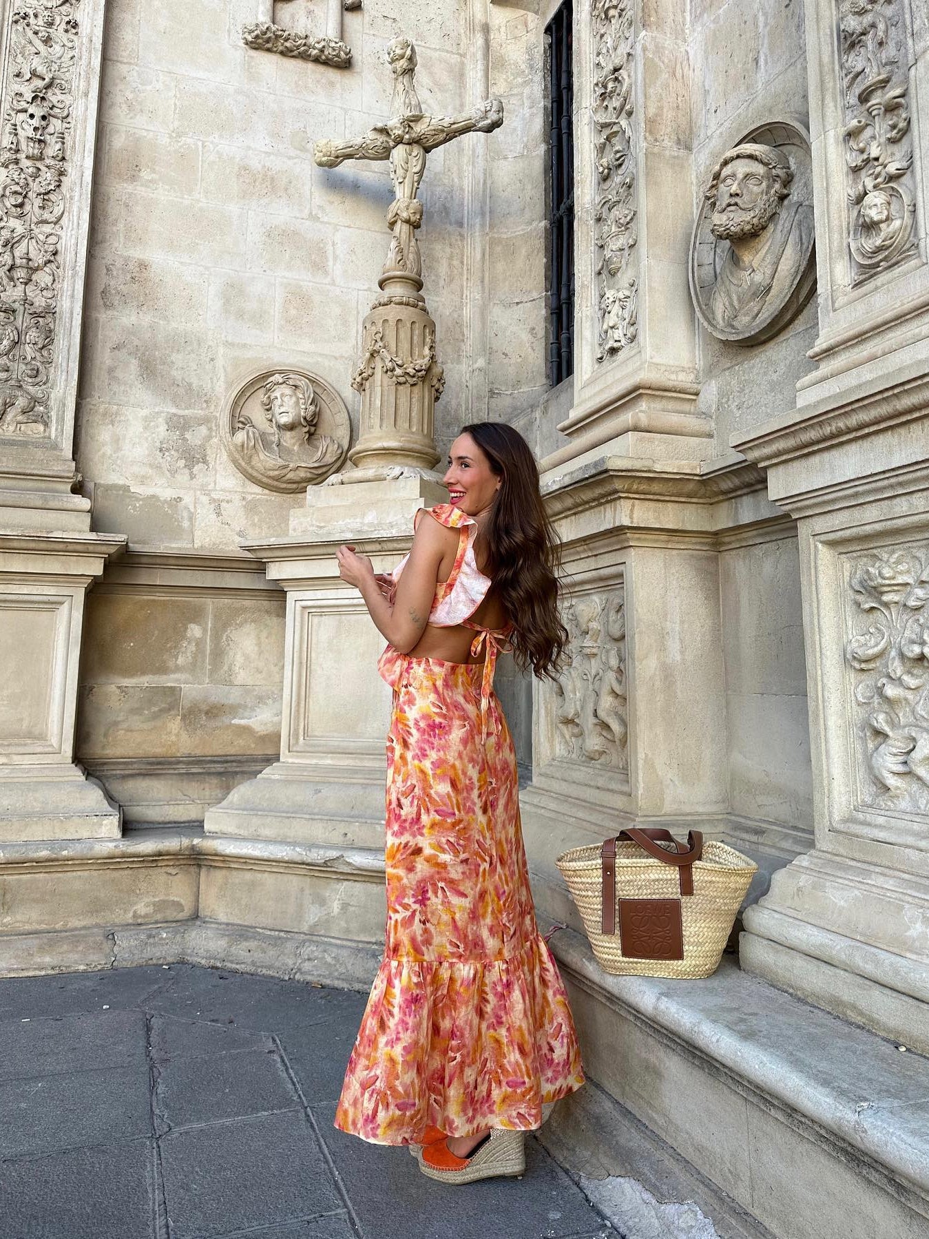 Floral Print Backless Cutout Tie Dye Dress