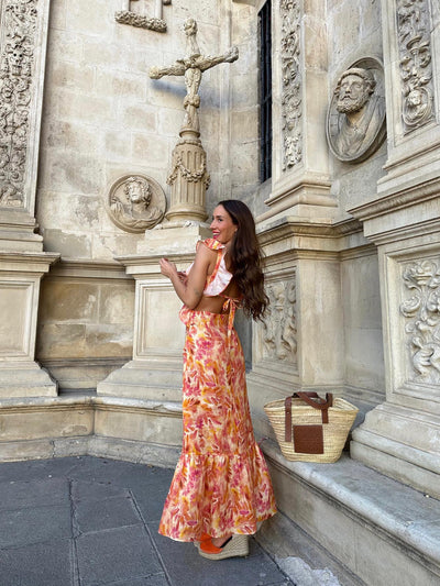 Floral Print Backless Cutout Tie Dye Dress