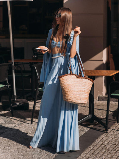 Pearl Koticim Bralette with Cape & Pants 3 Piece Set-Blue