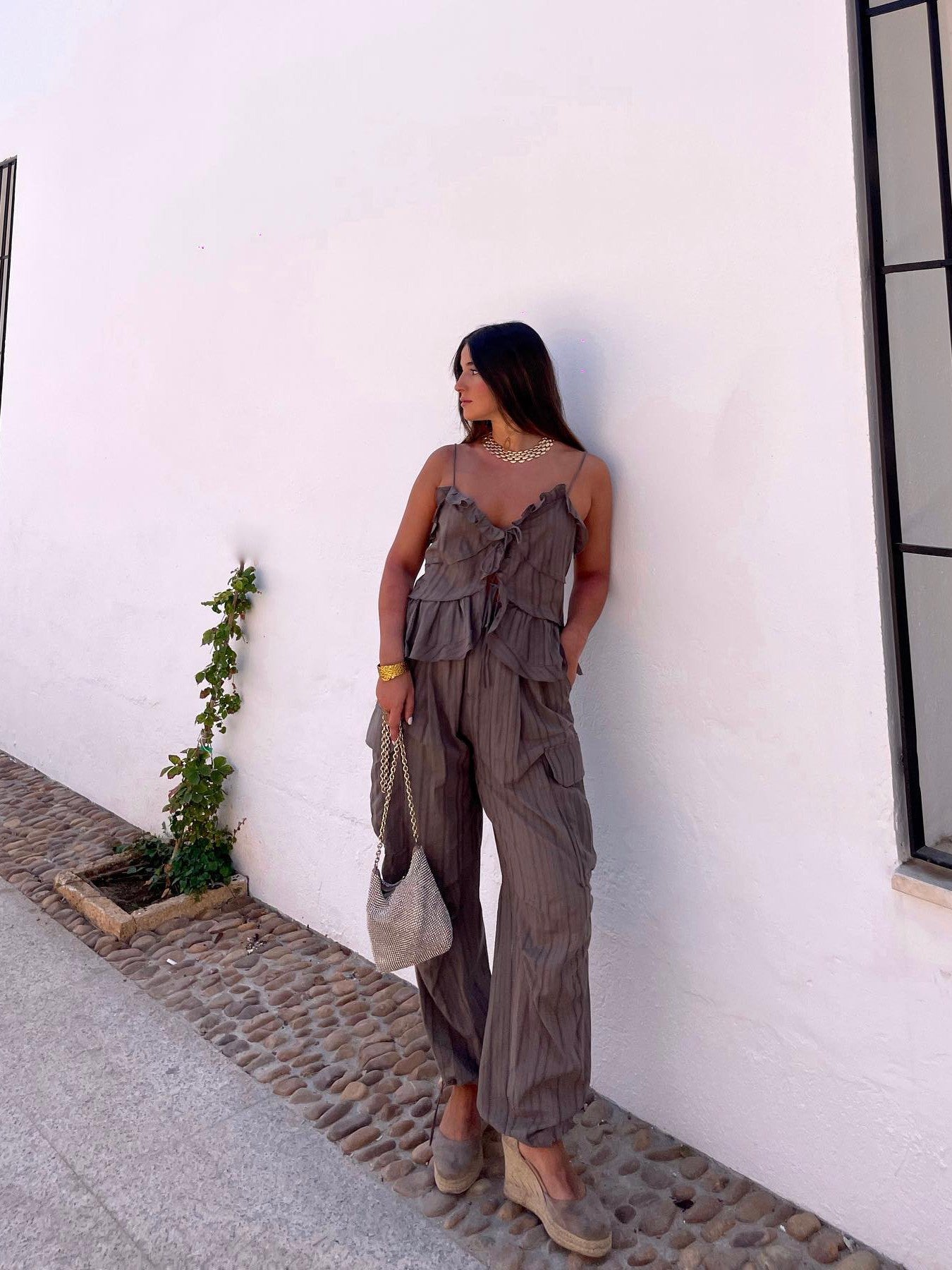 Ruffles Cami Top & Cargo Pants Coord Set Brown