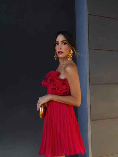 Pleated Short Red Tube Applique Dress