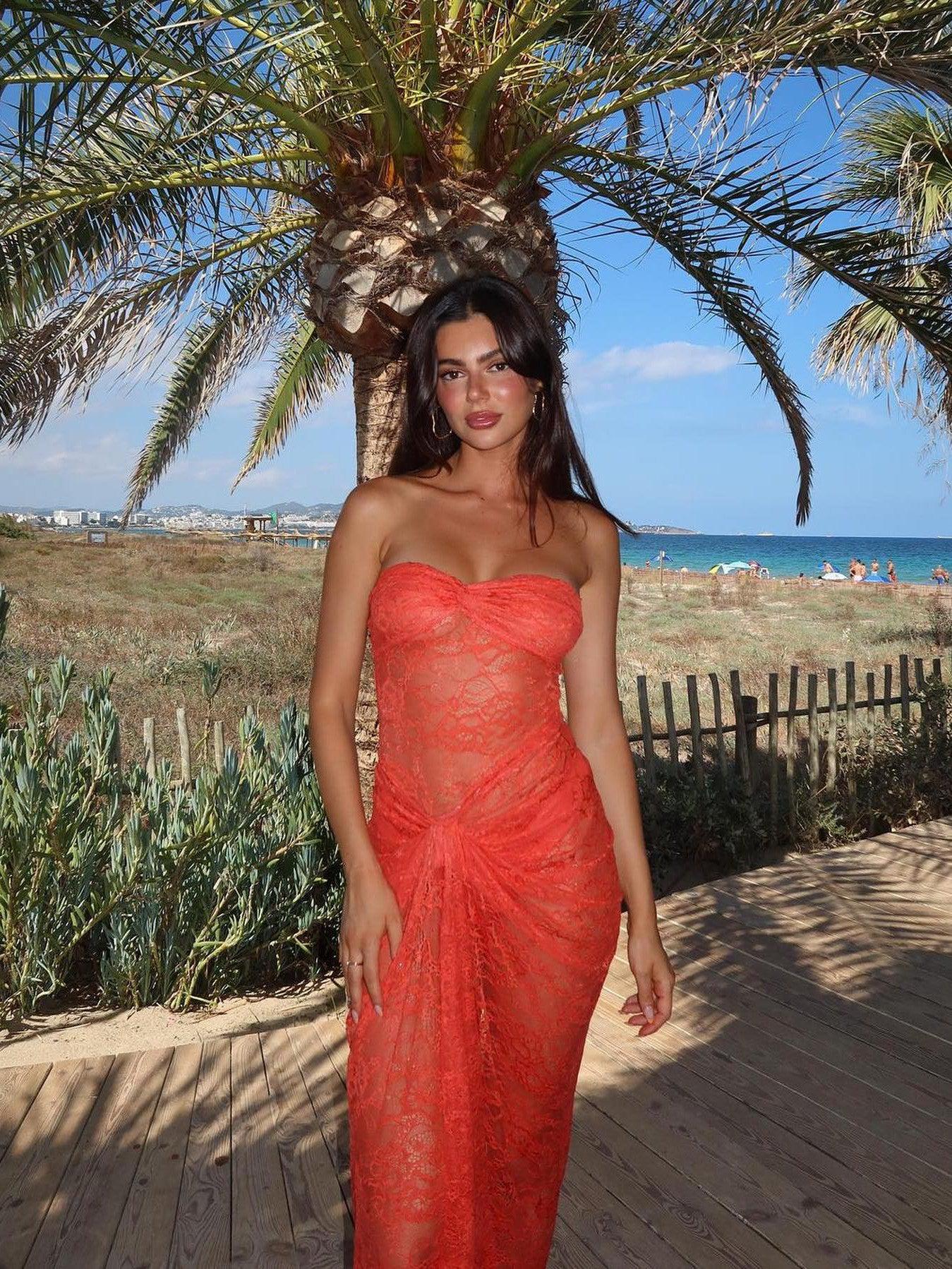Orange Bandeau Lace See Through Sheath Dress