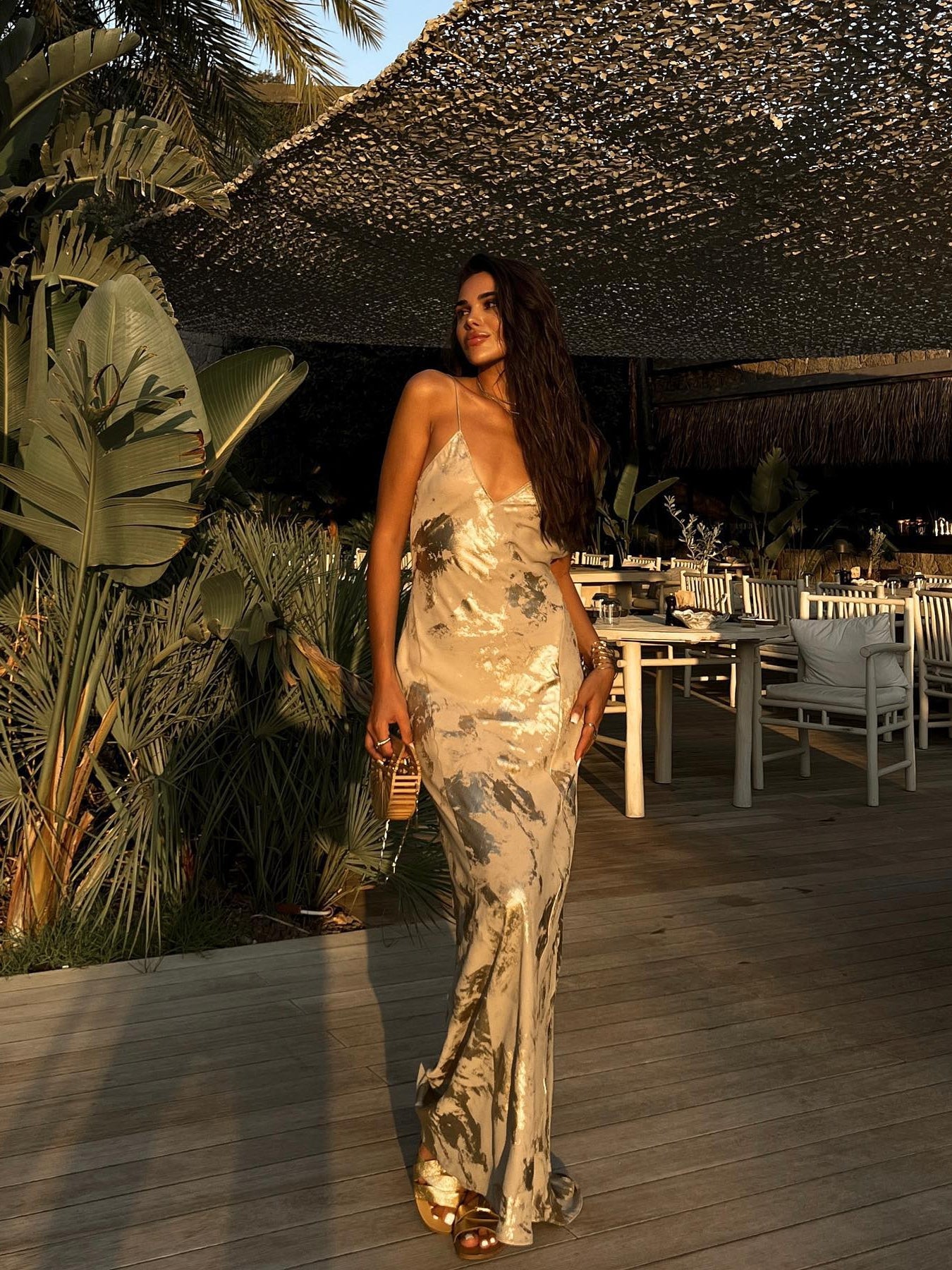 Spaghetti Strap Metallic Silver Backless Maxi Dress