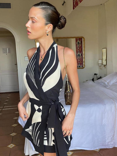 Nordic Halterneck Printed Short Wrap Dress