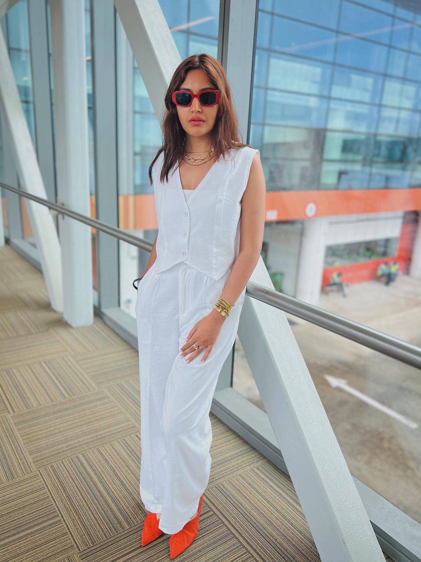 White Vest Waist Coat & Wide Leg Pants Coord Set