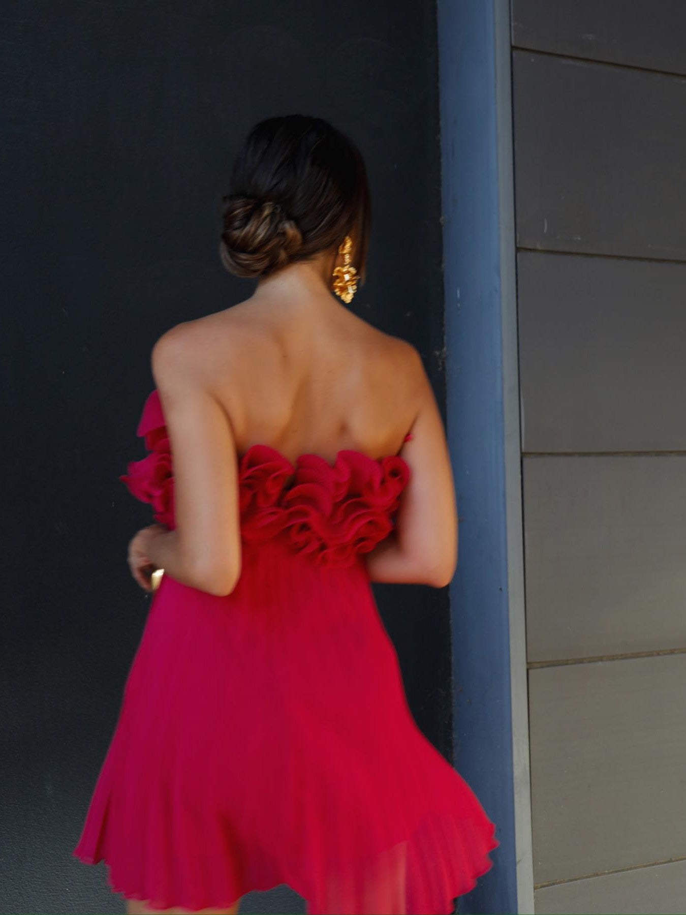 Pleated Short Red Tube Applique Dress