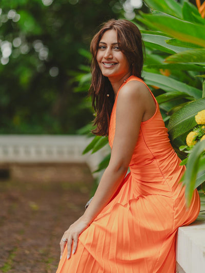 One Shoulder Sun Pleated Satin Dress - Orange